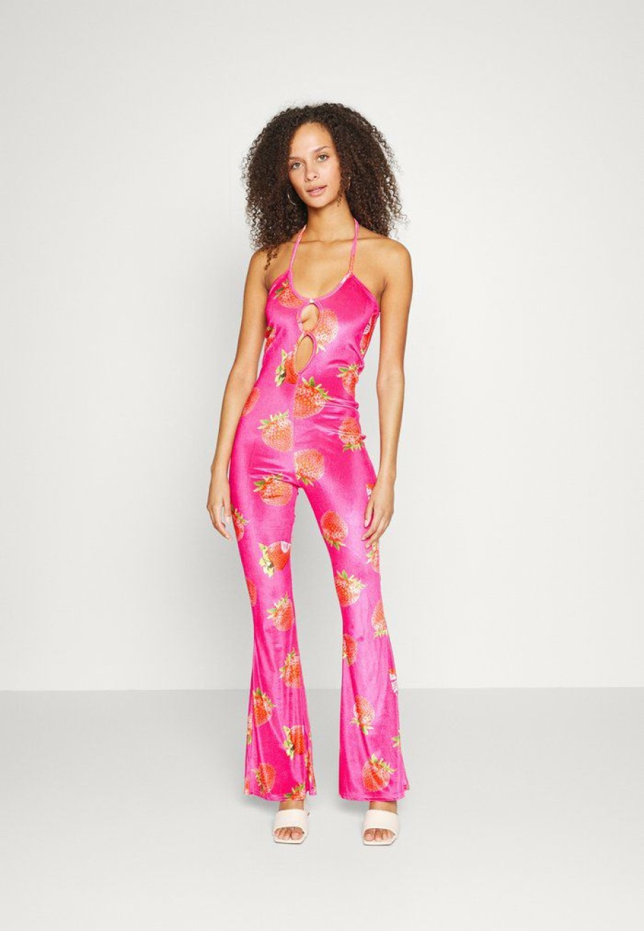 Clothing Vintage Supply | Vintage Supply Halter Cut Out Detail Strawberry Jumpsuit Pink