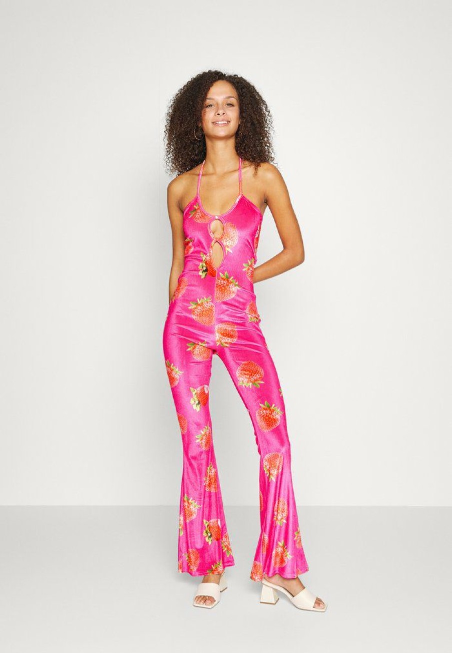 Clothing Vintage Supply | Vintage Supply Halter Cut Out Detail Strawberry Jumpsuit Pink