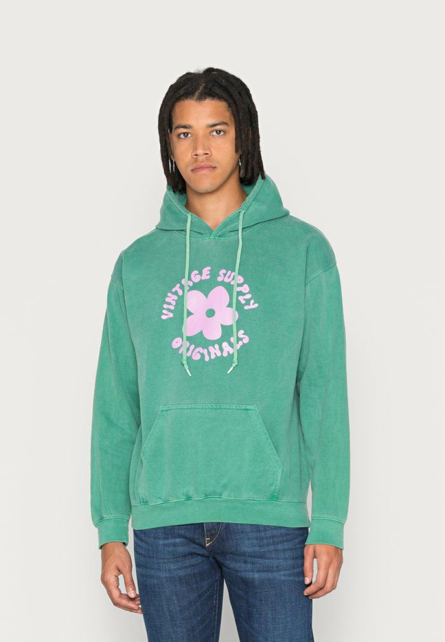 Clothing Vintage Supply | Vintage Supply Green Hoodie With Floral Originals Print Unisex Hoodie Overdye Green