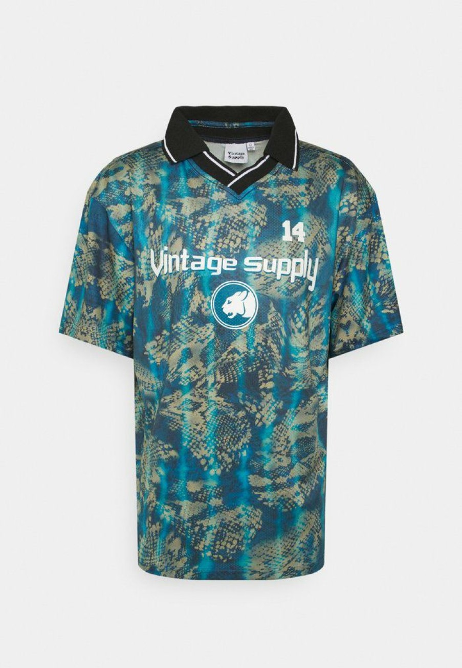 Clothing Vintage Supply | Vintage Supply Snake Football Shirt With Collar Print T-Shirt Blue