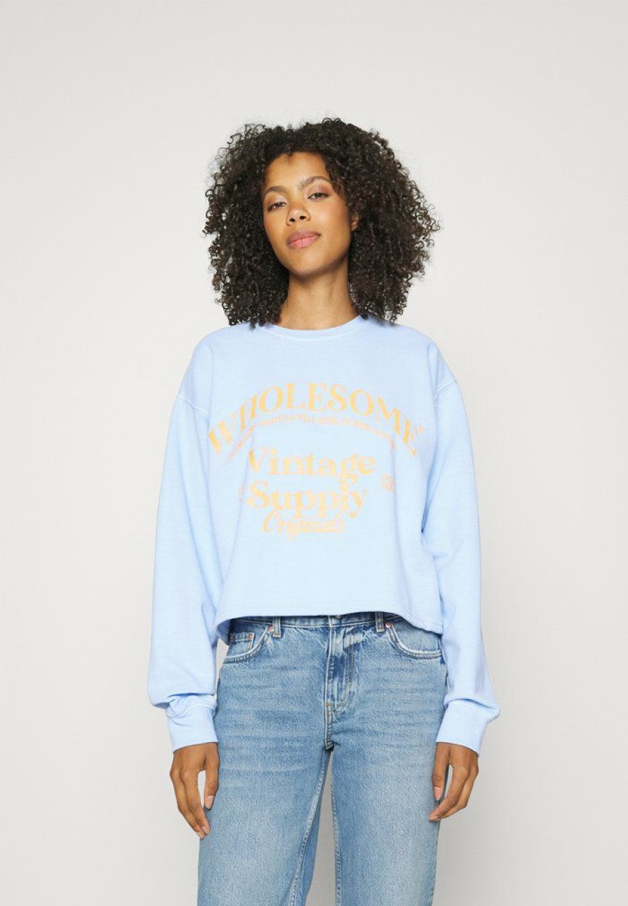 Clothing Vintage Supply | Vintage Supply Overdyed Cropped With Wholesome Graphic Sweatshirt Blue