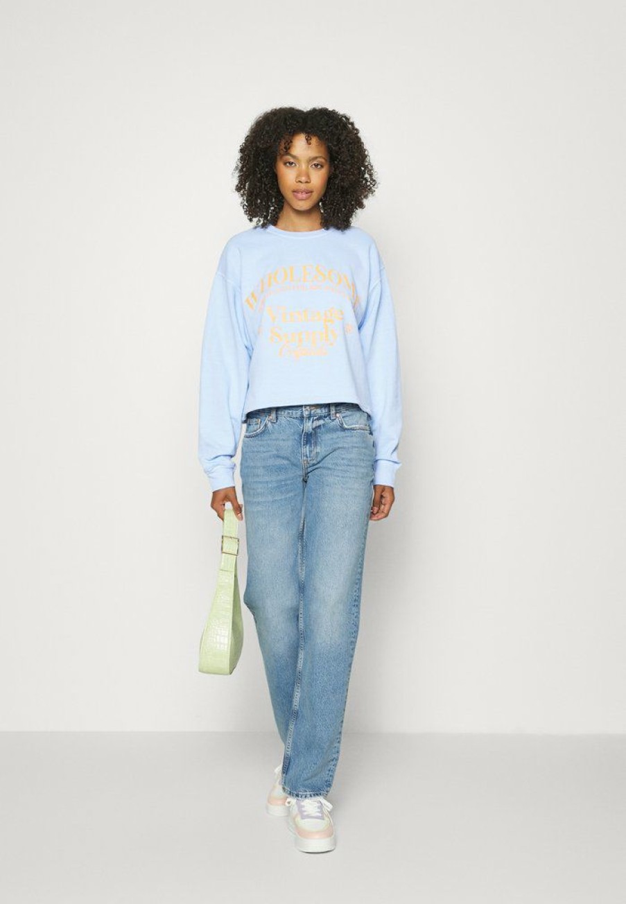 Clothing Vintage Supply | Vintage Supply Overdyed Cropped With Wholesome Graphic Sweatshirt Blue