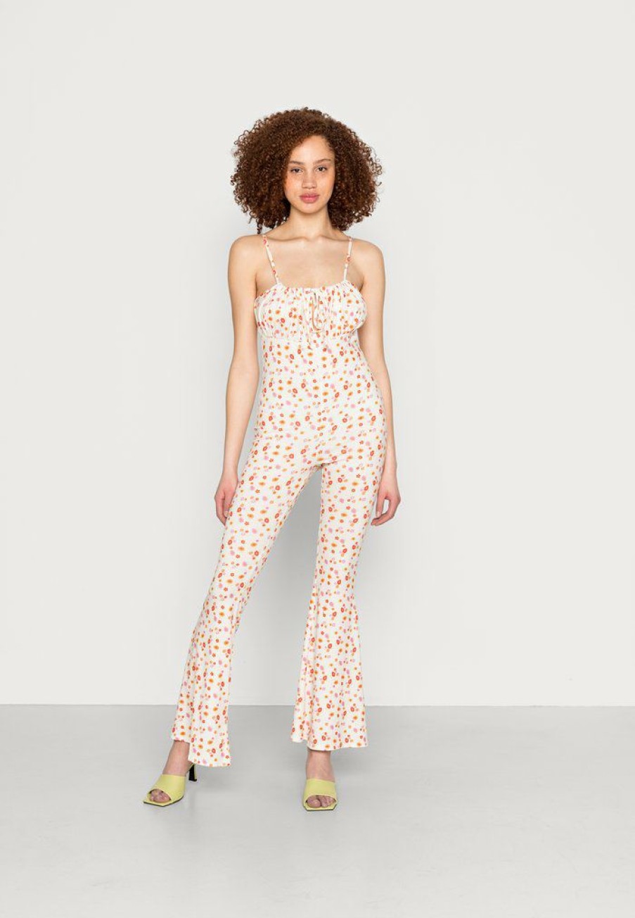 Clothing Vintage Supply | Vintage Supply Ruched Bust Floral Jumpsuit Cream Multi