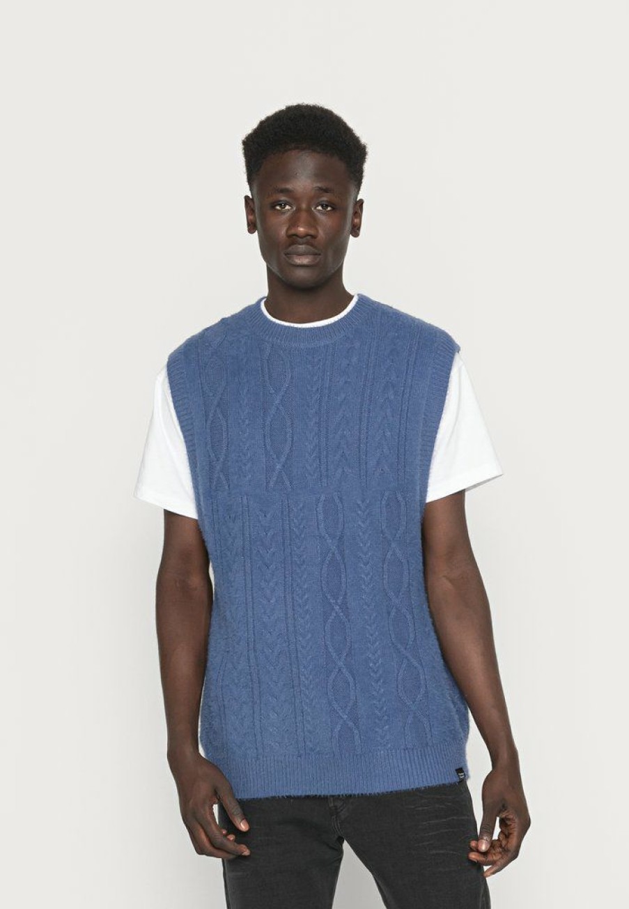 Clothing Vintage Supply | Vintage Supply Cross Cable Round Neck Vest Jumper Indigo