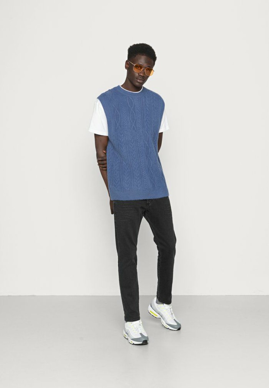 Clothing Vintage Supply | Vintage Supply Cross Cable Round Neck Vest Jumper Indigo