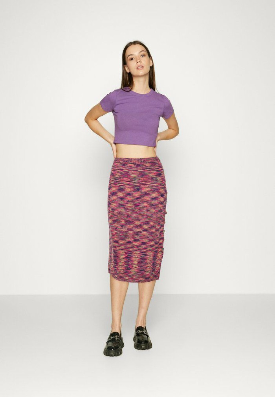 Clothing Vintage Supply | Vintage Supply Spacedye Midi Skirt With Side Buttondetail Pencil Skirt Pink