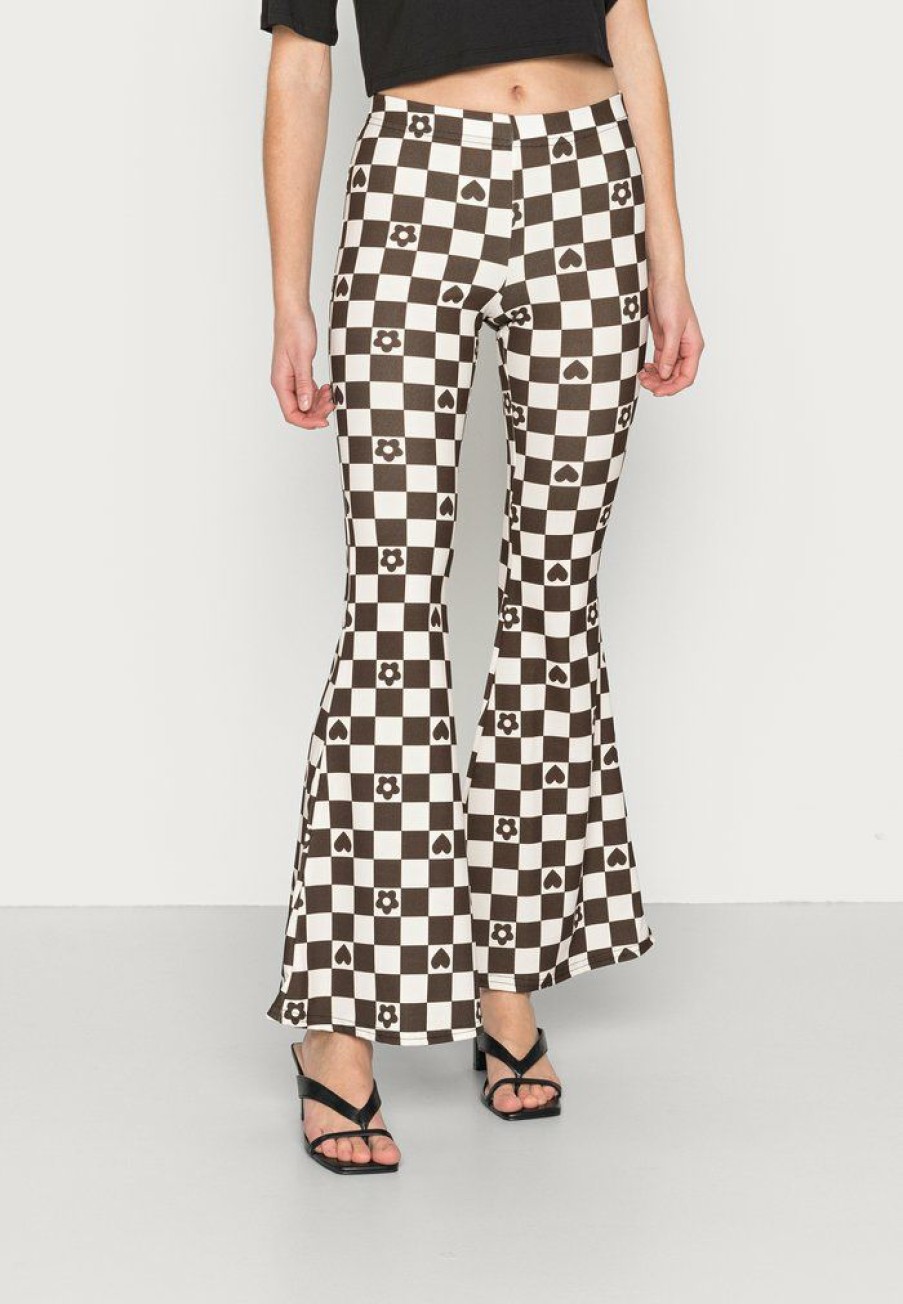 Clothing Vintage Supply | Vintage Supply Stretch Flares In Checkerboard Print Trousers Brown/Off White