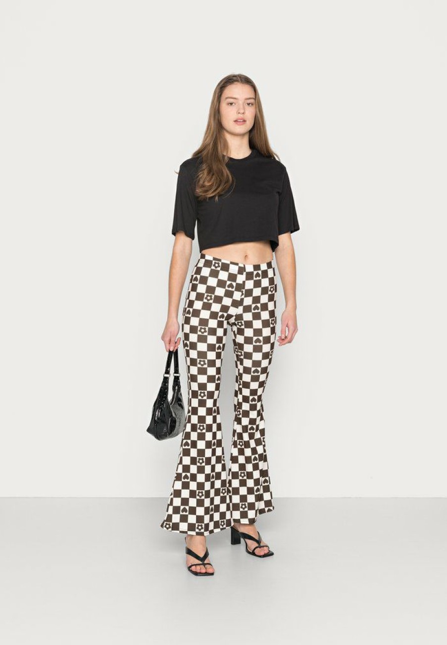 Clothing Vintage Supply | Vintage Supply Stretch Flares In Checkerboard Print Trousers Brown/Off White