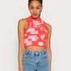 Clothing Vintage Supply | Vintage Supply High Neck Crop In Retro Fluffy Yarn Top Pink & Orange