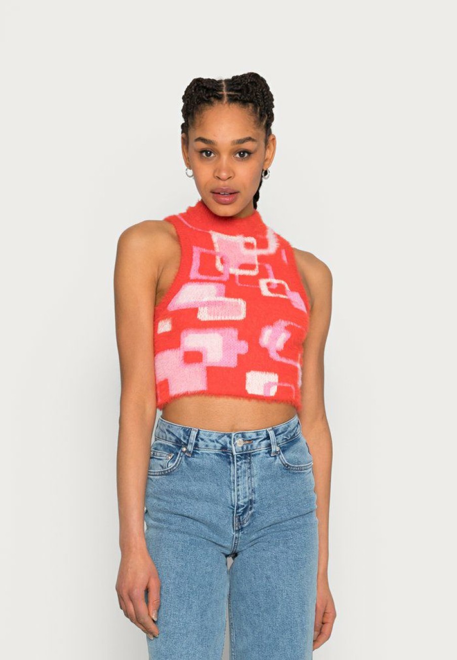 Clothing Vintage Supply | Vintage Supply High Neck Crop In Retro Fluffy Yarn Top Pink & Orange