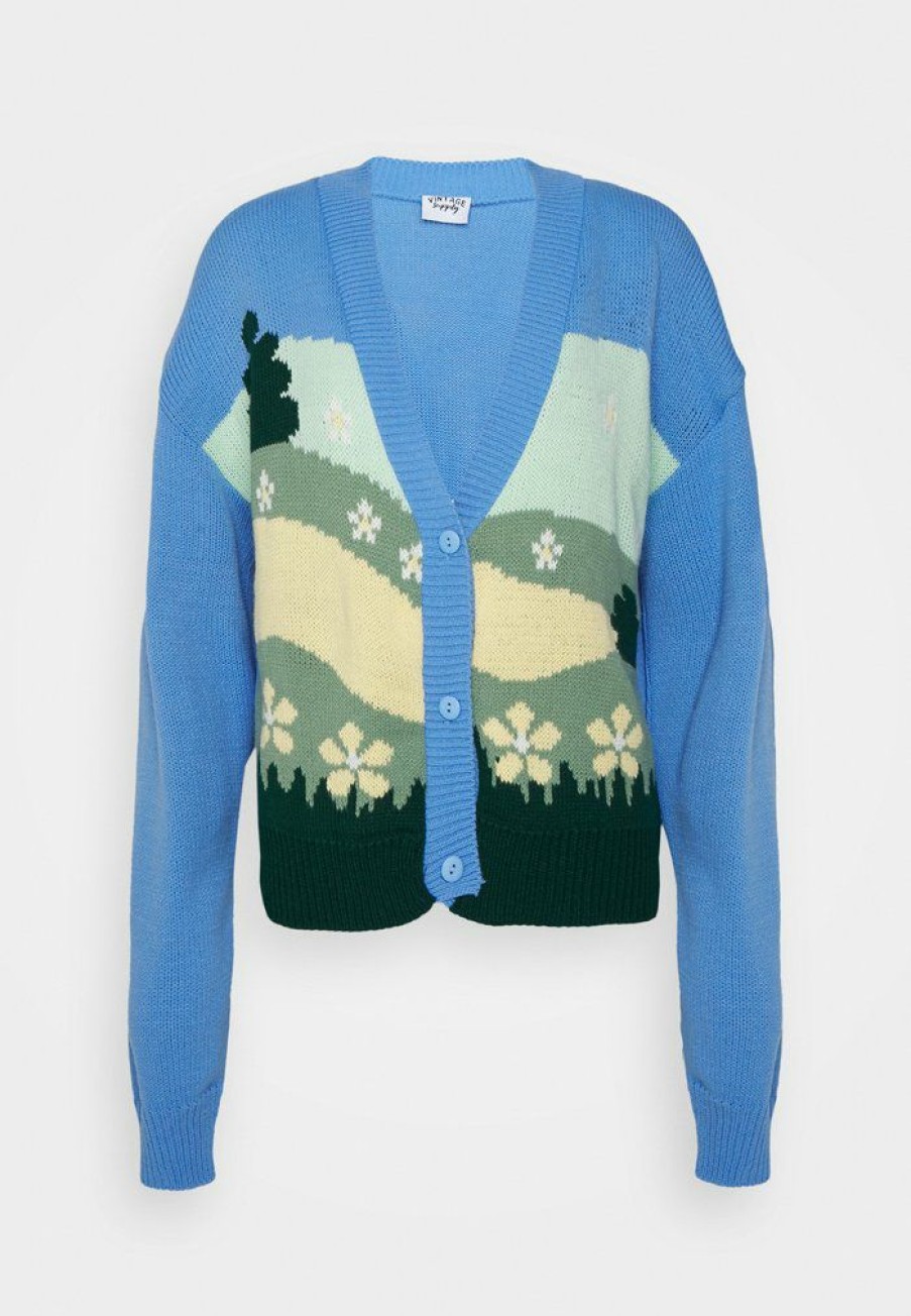 Clothing Vintage Supply | Vintage Supply Cardigan With Cutesy Scenic Intarsia Design Cardigan Blue